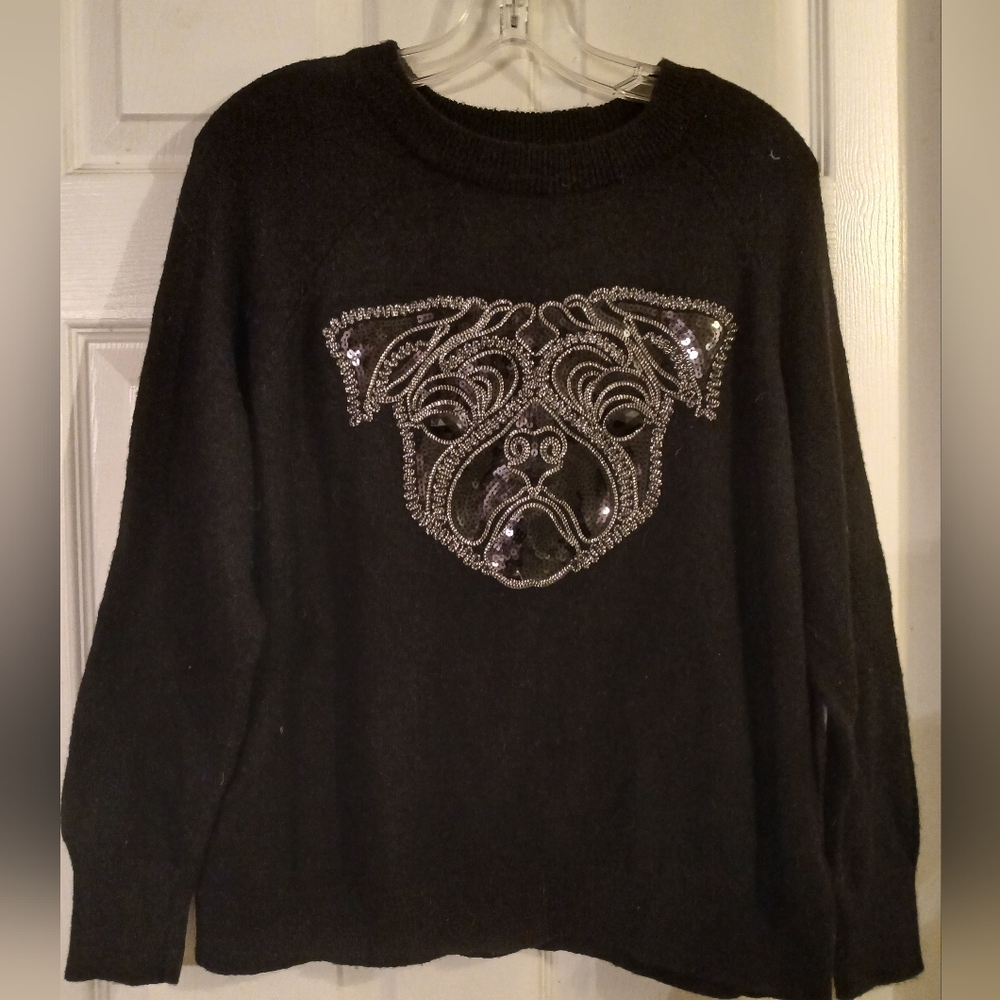 H&M Alpaca Blend Black Sweater with Embellished Pug Design Size Large